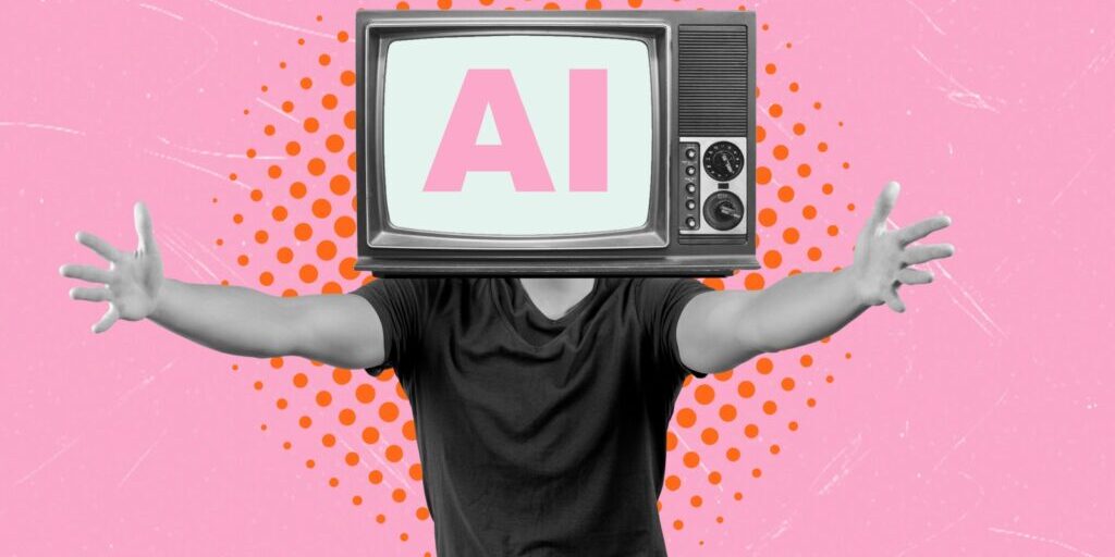 A man with a TV head and the words AI on it standing with arms stretched out