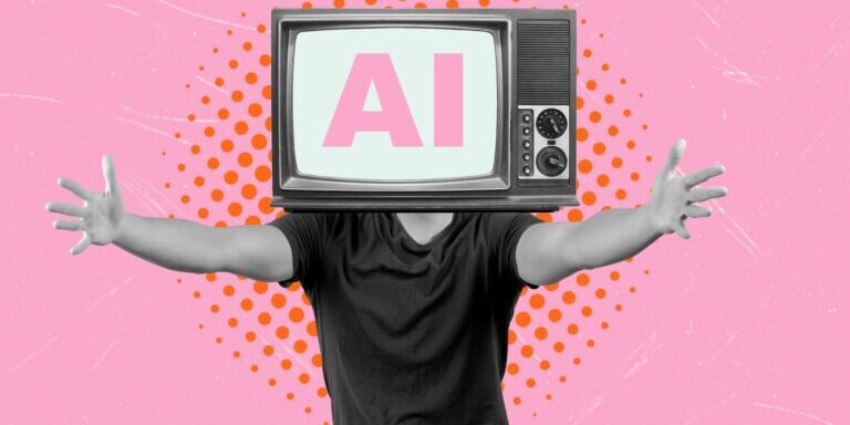 A man with a TV head and the words AI on it standing with arms stretched out