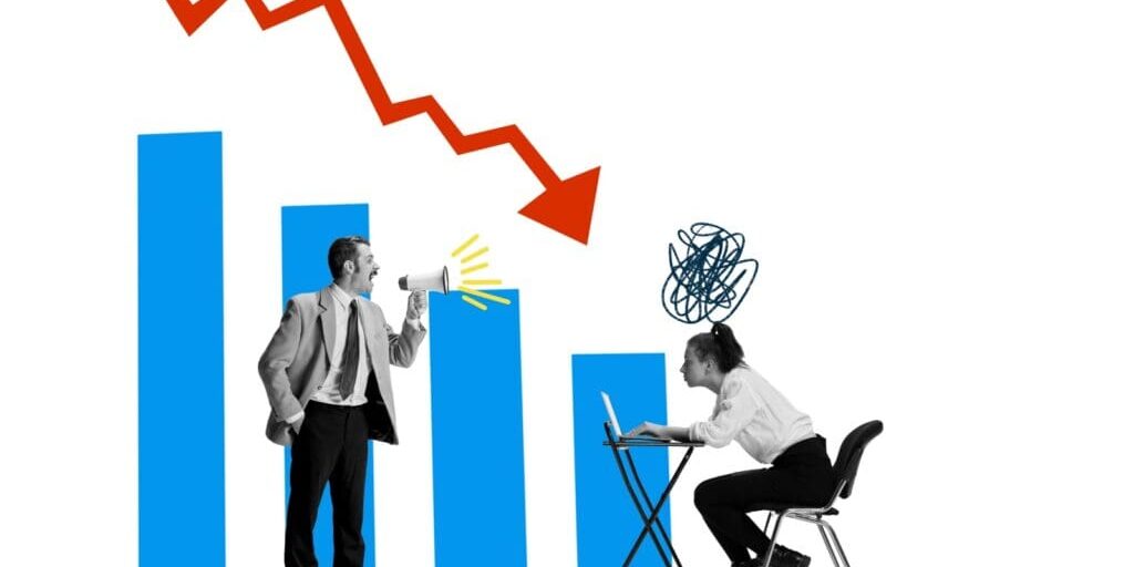 Contemporary art collage. Creative design. Businessman, manager shouting in anger at employee. Graph going down.