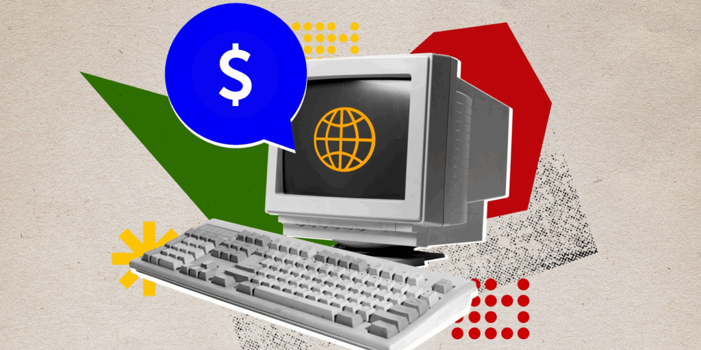 A collage of a computer with a speech balloon with a dollar sign in it.
