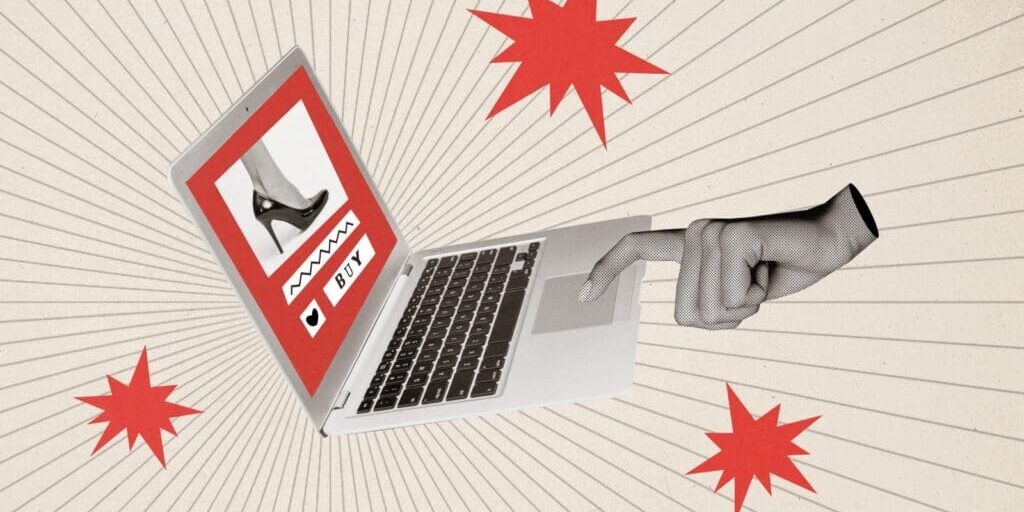 Photo collage of finger clicking a touchpad laptop to buy shoes online