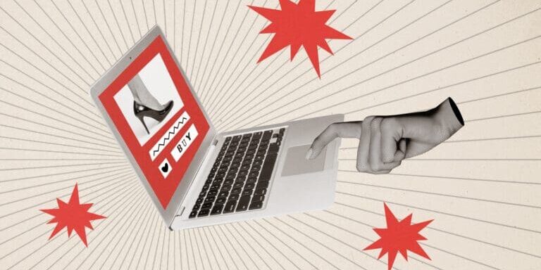Photo collage of finger clicking a touchpad laptop to buy shoes online