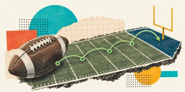 Art collage image with a giant football on a cutout football field with a bouncing green line moving downfield towards a touchdown