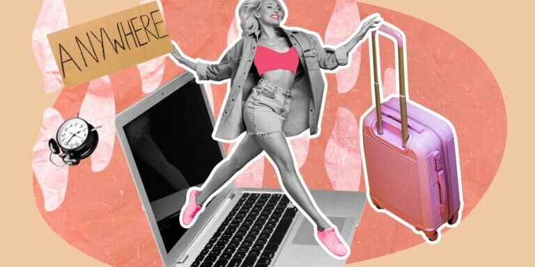 Collage of a happy woman going on vacation stepping out of a laptop