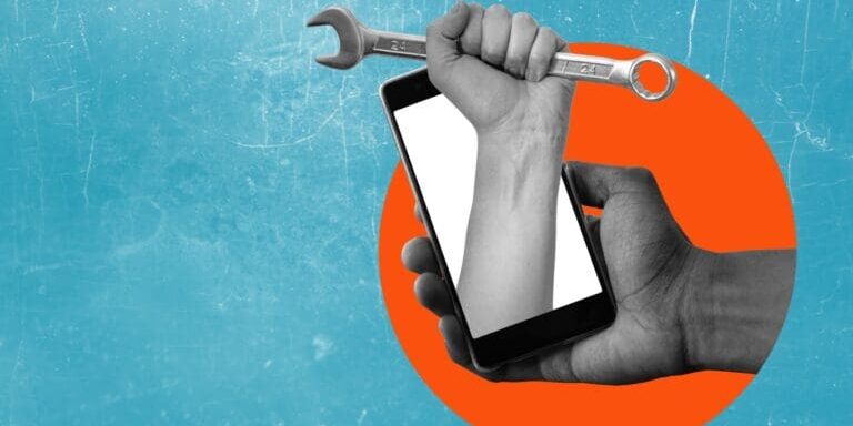 Collage of a hand holding a phone with a contractor's hand holding a wrench coming out of the screen.